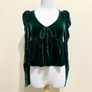 Anthropologie Maeve Velvet Babydoll Long Sleeve Top Dark Green
